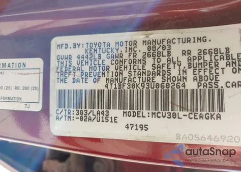 2003 Toyota Camry Xle V6 z USA, uszkodzony, nr VIN 4T1BF30K93U060264